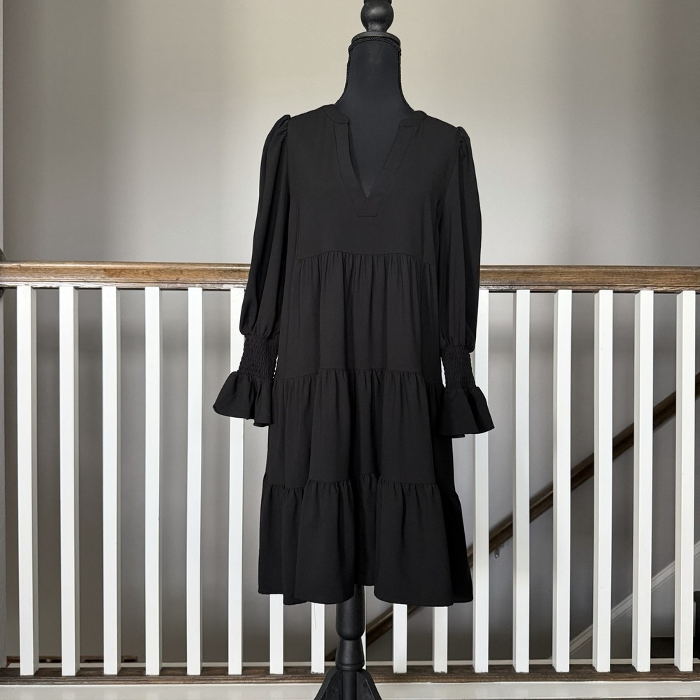 Tuckernuck Pomander Place Crepe Kenzo Dress S Black Long Sleeve Preppy Tiered